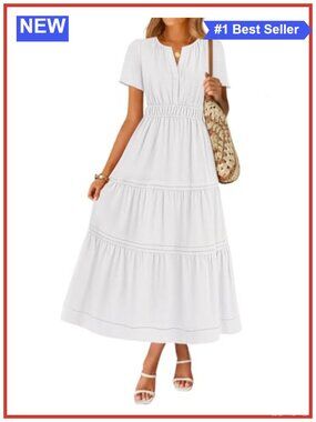 Summer Casual V-Neck Ruffle Short Sleeve Midi Dress